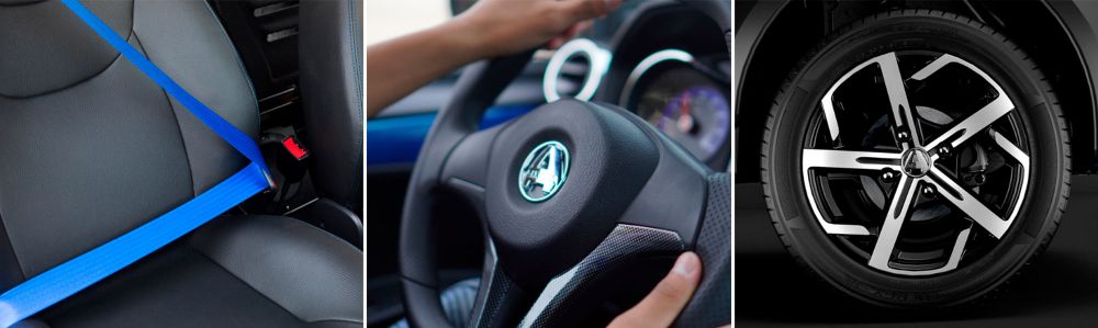 Detalles de diseño de los coches sin carnet AIXAM: cinturón de seguridad de color azul, volante con textura, llantas de diseño.